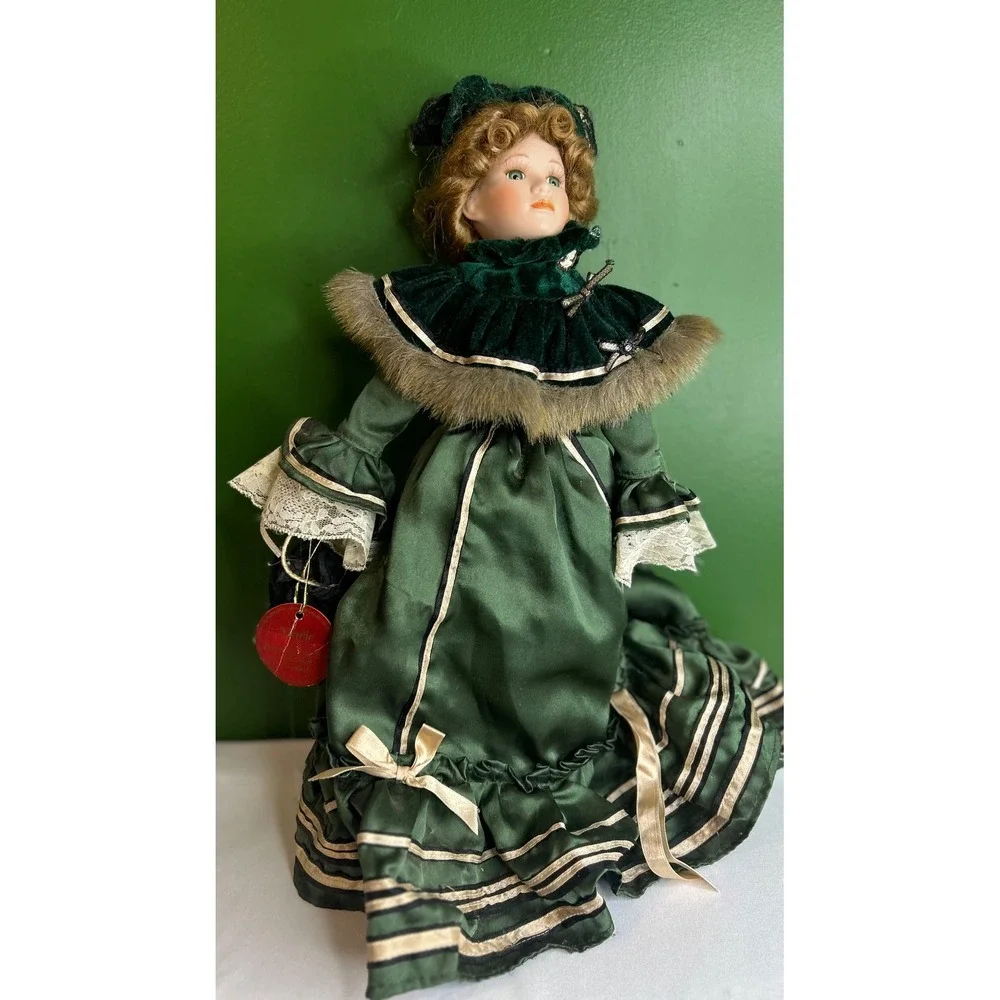 Marie Porcelain of the Past Collection Consoled Doll Green Victorian Dress 16in
